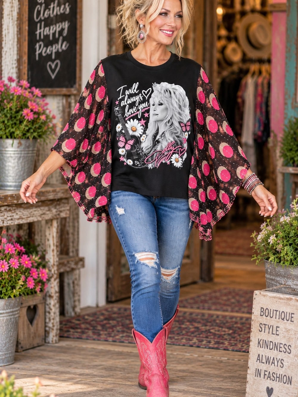 Black & Pink Dolly Graphic With Kantha Sleeves